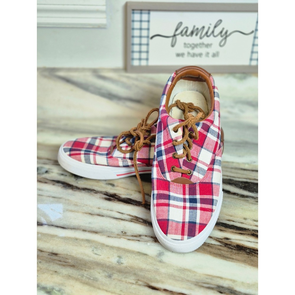 Lauren Ralph Lauren Red Plaid Canvas Sneakers Leather Trim Low Top RLL Shoes 11B